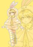  1girl :3 ayan_ip blonde_hair bow capelet clenched_hand closed_mouth commentary_request eyelashes highres hood hood_up hooded_capelet long_sleeves outline pokemon pokemon_adventures shirt shoes short_hair shorts smile standing striped_clothes striped_thighhighs thigh-highs yellow_(pokemon) yellow_background yellow_bow yellow_eyes yellow_shirt yellow_thighhighs zoom_layer 
