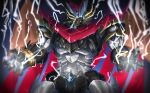  absurdres cape electricity electrokinesis glowing glowing_eyes highres horns jian_xuanyuan lightning looking_at_viewer mazinemperor_g mazinger_(series) mecha no_humans open_hand robot science_fiction solo super_robot super_robot_wars thunder weapon yellow_eyes 