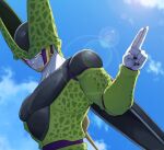  1boy blue_sky cell_(dragon_ball) clouds commentary_request dragon_ball dragon_ball_z highres lens_flare male_focus perfect_cell pink_eyes sky smile solo takumi1230g upper_body 