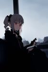  1girl black_dress book building cityscape dress drill_hair expressionless gothic_lolita grey_hair highres holding holding_book idolmaster idolmaster_cinderella_girls kanzaki_ranko konekone lolita_fashion looking_at_viewer overcast red_eyes sky solo twin_drills window 