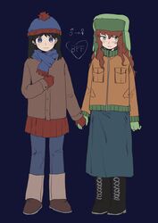  2girls animification beanie black_hair blue_background boots cross-laced_footwear freckles full_body fur_hat genderswap genderswap_(mtf) gloves hat highres holding_hands jacket kyle_broflovski lace-up_boots long_hair long_skirt long_sleeves multiple_girls orange_hair pants pants_under_skirt pleated_skirt pom_pom_(clothes) pom_pom_beanie scarf skirt smile south_park stan_marsh touyuakatani_(aktn) ushanka 