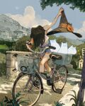 1girl bicycle black_hair black_hat blue_shorts blue_sky crescent_moon dolphin_shorts hat high-waist_shorts highres holding holding_clothes holding_hat moon original outdoors shorts simz sky tank_top white_tank_top witch_hat 