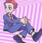  1boy animification collared_shirt gerard_way hair_slicked_back highres invisible_chair jacket looking_to_the_side male_focus mimimilook765 my_chemical_romance necktie own_hands_clasped own_hands_together red_eyes redhead shirt short_hair sitting smile socks solo suit 