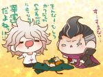  2boys bandaged_arm bandages belt belt_buckle black_belt black_coat black_eyes black_hair black_pants blue_pants brown_footwear buckle chibi coat collared_coat commentary_request cross_print danganronpa_(series) danganronpa_2:_goodbye_despair drooling earrings floral_background furrowed_brow gradient_background green_jacket grey_hair hair_between_eyes hamster happy high_collar jacket jewelry komaeda_nagito light_blush long_sleeves male_focus messy_hair multicolored_hair multiple_boys nervous_sweating open_clothes open_coat open_jacket open_mouth outstretched_arms panicking pants polka_dot polka_dot_background purple_scarf scar scar_across_eye scarf seiza shirt shoes short_sleeves sideburns sitting sleeves_past_elbows smile solid_oval_eyes sparkling_eyes sphere_earrings streaked_hair sweat t-shirt tanaka_gundham translation_request triangle_mouth two-tone_hair unworn_jacket white_eyes white_hair white_jacket white_shirt yellow_background yumaru_(marumarumaru) 