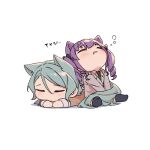  2girls animal_ear_fluff animal_ears aqua_hair bang_dream! blush brown_dress cat_ears cat_girl cat_tail chibi closed_eyes commentary_request dress drooling green_necktie grey_jacket hanasakigawa_school_uniform haneoka_school_uniform highres hikawa_sayo jacket long_hair long_sleeves lying mouth_drool multiple_girls necktie on_stomach open_mouth purple_hair school_uniform simple_background sitting sleeping sou_(user_hgyh8775) tail translation_request twintails udagawa_ako white_background 