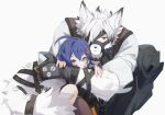 1boy 1girl acheki animal_ears belle_(zenless_zone_zero) black_gloves blue_hair commentary couple english_commentary frown furry furry_male furry_with_non-furry gloves hetero highres hug hug_from_behind knee_up looking_at_viewer protecting scene_reference signature simple_background smile upper_body von_lycaon white_background yellow_eyes zenless_zone_zero