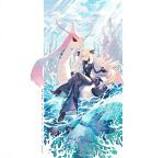  1girl black_footwear black_jacket black_pants blonde_hair crossed_legs cynthia_(pokemon) fish fur_trim hair_over_one_eye highres jacket kusuribe long_hair milotic ocean pants partially_submerged pokemon pokemon_(creature) pokemon_dppt sitting watermark waves 