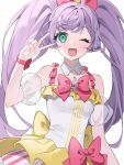  :d ahoge arm_at_side bare_shoulders blush bow detached_sleeves dot_nose dress dress_bow frills green_eyes hair_bow hand_up happy highres long_hair looking_at_viewer manaka_laala one_eye_closed pretty_series pripara puffy_short_sleeves puffy_sleeves purple_hair red_bow sash short_sleeves simple_background sleeveless sleeveless_dress smile standing straight_hair striped_clothes striped_dress twintails upper_body v vertical-striped_clothes vertical-striped_dress white_background white_dress wrist_bow yumeme_818 