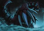  claws colored_skin dark_background glowing glowing_eyes groudon highres no_humans ocean pokemon pokemon_(creature) red_skin riotono_0643 waves yellow_eyes 