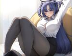  1girl alternate_costume bed black_pantyhose blue_archive blue_eyes collared_shirt gileu highres looking_at_viewer office_lady pantyhose partially_unbuttoned pencil_skirt purple_hair shirt shirt_tucked_in skirt solo stretching tongue tongue_out triangle_hair_ornament unbuttoned unbuttoned_shirt white_shirt yuuka_(blue_archive) 