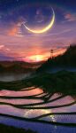  absurdres clouds crescent_moon evening field gradient_sky highres hill moon no_humans original power_lines rice_paddy scenery sky smile_(qd4nsvik) star_(sky) starry_sky sunset transmission_tower 