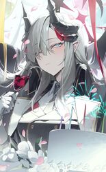  1girl absurdres balloon birthday_cake black_horns blue_archive blush cake closed_mouth collared_shirt cup demon_horns drinking_glass flower food g5_(g5_gugu) gloves gradient_horns grey_hair hair_over_one_eye halo highres holding holding_cup horns long_hair looking_at_viewer makoto_(blue_archive) multicolored_horns multiple_horns petals pointy_ears red_halo ribbon shirt solo upper_body white_flower white_gloves wine_glass 