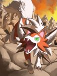 absurdres animal_focus clouds commentary_request day dog full_body green_eyes highres incoming_attack jira_(ziraiya26) jumping looking_at_viewer lycanroc lycanroc_(dusk) no_humans open_mouth outdoors pokemon pokemon_(creature) sharp_teeth sky slit_pupils solo teeth tongue 