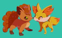  animal_ear_fluff animal_focus blue_background closed_mouth commentary_request fennekin frown full_body glaring hinekure looking_at_another multiple_tails no_humans orange_eyes pokemon pokemon_(creature) simple_background species_connection standing tail vulpix 