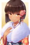  1girl assal_(sennen_sensou_aigis) black_hair dark-skinned_female dark_skin floral_print floral_print_kimono flower fur_trim hair_flower hair_ornament hairclip hand_up highres portrait sennen_sensou_aigis simple_background smile solo tsuboyarou 