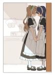  2girls apron black_dress black_footwear blue_hair blush brown_hair closed_mouth commentary_request dress eye_contact forehead-to-forehead heads_together highres holding_hands indoors kitchen long_hair looking_at_another love_live! love_live!_school_idol_project maid maid_apron maid_headdress mary_janes minami_kotori minamip multiple_girls open_mouth shade shoes short_sleeves smile socks sonoda_umi white_apron white_socks yuri 