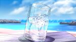  absurdres beach blue_sky clouds cup day drinking_glass highres ice ice_cube nap_on_a_cloud no_humans ocean original outdoors pebble sand sky table water water_drop 
