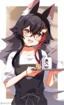 1girl :d absurdres alternate_costume animal_ear_fluff animal_ears apron badge black_apron black_choker black_hair border button_badge choker commentary_request cup flipped_hair glasses hair_between_eyes hair_ornament hairclip head_tilt highres holding holding_tray hololive light_blush long_hair looking_at_viewer multicolored_hair murasame_(sword_of_nmkr) ookami_mio open_mouth red-framed_eyewear red_streaks semi-rimless_eyewear shirt sidelocks smile solo spiky_hair streaked_hair teacup teeth translation_request tray twitter_username under-rim_eyewear upper_teeth_only very_long_hair virtual_youtuber white_border white_shirt wolf_ears wolf_girl yellow_eyes 