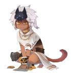  1boy :d brown_hair cat_mask cat_tail cookie copyright_request dark-skinned_male dark_skin fang food gg_dal looking_at_viewer mask mask_on_head simple_background smile solo squatting stirrup_legwear tail toeless_legwear white_background wristband yellow_eyes 