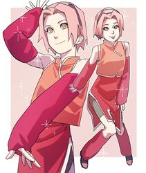  1girl bare_shoulders cowboy_shot detached_sleeves forehead forehead_protector full_body green_eyes haruno_sakura highres looking_at_viewer multiple_views naruto naruto_(series) orange_shirt pink_hair pnpk_1013 red_sleeves shirt short_hair smile sparkle sparkling_aura tongue tongue_out 