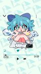 1girl ahoge alternate_costume blue_bow blue_eyes blue_hair blush bobby_socks bow cirno closed_mouth collared_shirt dress full_body hair_bow highres ice_crystal kuzucirno looking_at_viewer loose_socks mary_janes neck_ribbon pinafore_dress puffy_short_sleeves puffy_sleeves red_ribbon ribbon self-upload shirt shoes short_hair short_sleeves single_shoe sleeveless sleeveless_dress socks solo star_(symbol) star_in_eye symbol_in_eye touhou 