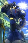 1boy android clouds cloudy_sky day dive_man green_eyes highres in-universe_location kazafuki looking_at_viewer male_focus mega_man_(classic) mega_man_(series) mega_man_4 outdoors salute sky solo 