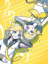  1boy 1girl arm_tattoo beamed_eighth_notes black_sailor_collar blonde_hair blue_eyes brother_and_sister detached_sleeves grin hair_between_eyes hair_ornament hairclip headphones headset kagamine_len kagamine_rin lilija looking_at_viewer musical_note neckerchief necktie ok_sign one_eye_closed open_mouth sailor_collar shirt short_hair short_ponytail siblings sleeveless sleeveless_shirt smile tattoo teeth tongue tongue_out vocaloid white_shirt yellow_background yellow_neckerchief yellow_necktie 