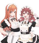  2girls :d ahoge alternate_costume apron arisugawa_natsuha bow bowtie breasts detached_collar enmaided grey_eyes hand_on_another&#039;s_shoulder hand_on_another&#039;s_waist hat highres idolmaster idolmaster_shiny_colors komiya_kaho long_hair looking_at_viewer low_twintails maid maid_apron maid_headdress mob_cap multiple_girls official_alternate_costume orange_hair red_eyes redhead short_sleeves side-by-side simple_background smile twintails white_background wrist_cuffs yxxxllpo 