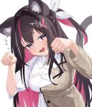  1girl ai_(u_e_o_o) animal_ear_fluff animal_ears azki_(4th_costume)_(hololive) azki_(hololive) black_hair blush breasts cat_ears cat_girl cat_tail colored_inner_hair dress fang hair_between_eyes hair_intakes hair_ornament hairclip hands_up highres hololive large_breasts long_hair looking_at_viewer multicolored_hair official_alternate_costume open_mouth pink_hair simple_background skin_fang smile solo streaked_hair tail upper_body violet_eyes virtual_youtuber white_background white_dress white_hair 