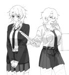  2girls bandaid bandaid_on_face breasts bruise closed_mouth combat_knife dual_persona gauze gauze_on_neck genderswap genderswap_(mtf) greyscale heathcliff_(project_moon) highres holding holding_knife huge_breasts injury jacket knife limbus_company looking_down medium_hair monochrome multiple_girls necktie necktie_overhang ngancurindunia pleated_skirt project_moon school_uniform skirt weapon 