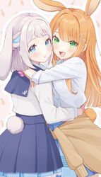  2girls absurdres animal_ears blue_overskirt blue_ribbon blue_skirt blush brown_cardigan cardigan cardigan_around_waist clothes_around_waist gakuen_idolmaster grey_hair hair_ribbon half_up_braid hatsuboshi_gakuen_school_uniform highres hug idolmaster katsuragi_lilja kemonomimi_mode long_hair looking_at_viewer lop_rabbit_ears mole mole_under_eye multiple_girls orange_hair pleated_skirt rabbit_ears rabbit_tail ribbon ribbon_braid school_uniform shirt shiun_sumika short_hair skirt smile straight_hair tail ura_(hamburg_oniku) very_long_hair white_shirt yuri 