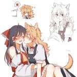  2girls animal_ears ascot black_hair black_vest blonde_hair blush bow braid commentary_request detached_sleeves dog_ears dog_tail ears_down frilled_bow frilled_hair_tubes frills hair_bow hair_tubes hakurei_reimu hitte5416 kirisame_marisa licking licking_another&#039;s_cheek licking_another&#039;s_face licking_hand long_hair multiple_girls no_headwear one_eye_closed open_mouth red_bow red_eyes ribbon-trimmed_sleeves ribbon_trim short_sleeves side_braid single_braid sweatdrop tail touhou vest yellow_ascot yellow_eyes yuri 