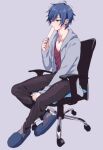  1boy akiyoshi_(tama-pete) black_pants blue_eyes blue_hair dog_tags ear_piercing food food_in_mouth from_side full_body grey_jacket hand_on_chair holding holding_food holding_popsicle jacket kaito_(vocaloid) light_blush loose_clothes loose_shirt male_focus messy_hair on_chair open_clothes open_jacket pants piercing popsicle popsicle_in_mouth purple_shirt shirt simple_background sitting slippers solo vocaloid 