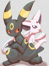  black_fur colored_sclera espeon forehead_jewel grey_background hp7car7nxrq5s7q no_humans open_mouth pink_fur pokemon pokemon_(creature) red_sclera simple_background sitting two-tone_fur umbreon violet_eyes yellow_fur 