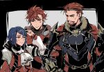  3boys alcryst_(fire_emblem) armor ascot beard black_armor blue_hair brothers dark_blue_hair diamant_(fire_emblem) facial_hair family father_and_son fire_emblem fire_emblem_engage full_beard highres male_focus morion_(fire_emblem) multiple_boys red_eyes redhead siblings umi_(_oneinchswing) white_ascot 