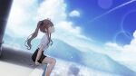  1girl 22/7 22/7_ongaku_no_jikan black_skirt blue_sky blurry brown_eyes brown_hair brown_scrunchie clouds depth_of_field digital_media_player dutch_angle earphones earphones from_side game_cg hair_ornament hair_scrunchie high_side_ponytail highres lens_flare long_hair looking_up miniskirt mountain non-web_source official_art on_rooftop outdoors pencil_skirt scrunchie shirt sitting skirt sky solo sparkle toda_jun white_shirt 