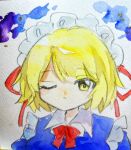  1girl blonde_hair blue_dress bow closed_mouth collared_shirt dress eyebrows_hidden_by_hair frilled_dress frills glitter hair_between_eyes hair_over_eyes key747h looking_at_viewer maid maid_headdress mugetsu_(touhou) one_eye_closed paper_texture red_bow red_ribbon ribbon ribbon-trimmed_headwear ribbon_trim shirt short_hair simple_background solo touhou touhou_(pc-98) traditional_media two-tone_background white_shirt yellow_eyes 