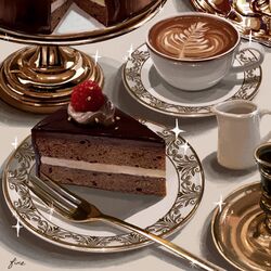  artist_name cake cake_slice chocolate_cake coffee cup fine_9725 food food_focus fork latte_art no_humans original plate saucer still_life teacup 