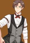  1boy absurdres blue_brooch blue_eyes brown_background brown_hair closed_mouth collared_shirt commentary_request cross_tie grey_vest highres koruri456 looking_at_viewer mahjong_soul male_focus medium_bangs parted_bangs shinomiya_natsuki_(mahjong_soul) shirt short_hair short_sleeves simple_background smile solo striped_clothes striped_vest upper_body vest white_shirt 