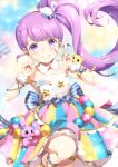  1girl :d bare_shoulders bird_hair_ornament blunt_bangs blush commentary_request detached_collar double_v dress hair_ornament hands_up idol_clothes long_hair looking_at_viewer manaka_non open_mouth pretty_series pripara purple_hair side_ponytail smile solo standing standing_on_one_leg star_(symbol) star_print strapless strapless_dress unya_(unya-unya) v violet_eyes wrist_cuffs 