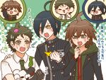  3boys ^^^ afterimage ahoge animal bear black_eyes black_hair black_jacket blazer body_switch brown_hair buttons chibi clenched_hand collared_jacket collared_shirt commentary_request crest danganronpa:_trigger_happy_havoc danganronpa_(series) danganronpa_2:_goodbye_despair danganronpa_v3:_killing_harmony dirty dirty_clothes dirty_face double-breasted eyelashes eyes_visible_through_hair flying_sweatdrops green_background green_eyes green_jacket green_necktie hair_between_eyes hand_on_another&#039;s_shoulder hand_on_own_chin hand_on_own_head high_collar hinata_hajime holding holding_animal hood hood_down hooded_jacket jacket lapel_pin lapels layered_sleeves light_blush long_sleeves looking_at_another male_focus monokuma motion_lines multiple_boys naegi_makoto necktie nervous_smile nervous_sweating notched_lapels open_clothes open_jacket open_mouth pale_skin personality_switch pinstripe_jacket pinstripe_pattern pocket polka_dot polka_dot_background puff_of_air saihara_shuichi shirt short_hair short_sleeves smile solid_oval_eyes sweat sweatdrop translation_request trash triangle_mouth two-tone_background upper_body waving_arms white_background white_shirt white_undershirt yellow_eyes yumaru_(marumarumaru) zipper zipper_pull_tab 