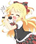  1girl black_jacket blonde_hair blush bow child closed_eyes hair_bow himesaka_noa holding holding_microphone jacket long_hair microphone music open_mouth pila-pela plaid plaid_bow plaid_skirt puffy_short_sleeves puffy_sleeves short_sleeves simple_background singing skirt solo translation_request watashi_ni_tenshi_ga_maiorita! white_background white_sleeves 