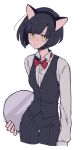  1girl animal_ear_hairband animal_ears black_hair bow bowtie cat_ear_hairband cat_ears cropped_legs expressionless fake_animal_ears hairband holding holding_tray long_sleeves looking_at_viewer maco22 original short_hair solo thigh_gap traditional_bowtie tray vest yellow_eyes 