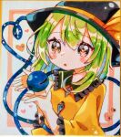  1girl absurdres black_hat black_thighhighs blouse bow buttons diamond_button eyeball frilled_shirt_collar frilled_sleeves frills green_eyes green_hair grey_hair hat hat_bow hat_ribbon heart heart_of_string highres komeiji_koishi open_mouth pafe_yuzuran ribbon shirt solo thigh-highs third_eye touhou traditional_media wide_sleeves yellow_bow yellow_eyes yellow_ribbon yellow_shirt 