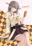  1girl bare_shoulders black_hair breasts brown_eyes checkered_background closed_mouth commentary_request detached_sleeves english_text hair_between_eyes hair_ornament hairclip haruna_(kancolle) haruna_kai_ni_(kancolle) headgear highres holding holding_ice_cream_cone ice_cream_cone invisible_chair japanese_clothes jouzaburou_(joe3) kantai_collection kimono large_breasts long_hair looking_at_viewer nontraditional_miko red_skirt ribbon-trimmed_sleeves ribbon_trim sitting skirt smile solo white_kimono wide_sleeves 