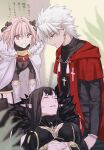  1girl 2boys amakusa_shirou_(fate) astolfo_(fate) black_bow black_dress black_hair bow breasts cape closed_eyes cross cross_necklace cross_print dark-skinned_male dark_skin dress earrings fate/apocrypha fate/grand_order fate_(series) fur-trimmed_cape fur_trim hair_intakes highres jewelry lap_pillow large_breasts long_hair long_sleeves looking_at_another multiple_boys necklace nipi27 otoko_no_ko pink_hair pointy_ears priest red_cape semiramis_(fate) short_hair smile sweatdrop white_cape white_hair 