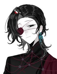  1boy absurdres bing_(ruandoudou87327) black_eyes black_hair chinese_commentary chu_yujun closed_mouth colored_eyepatch colored_skin commentary_request earrings eyepatch flower_earrings highres jewelry looking_at_viewer male_focus mandarin_collar mole mole_under_eye multiple_moles portrait short_hair simple_background smile solo touqi_guaitan white_background white_skin 