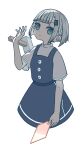  1girl blue_dress blue_eyes blunt_bangs blunt_ends bright_pupils buttons closed_mouth commentary_request cropped_legs dress expressionless grey_hair grey_shirt hammer hand_up highres holding indie_virtual_youtuber looking_at_viewer oota_mato pinafore_dress shirt short_hair short_sleeves sidelocks simple_background sleeveless sleeveless_dress solo text_hair_ornament throwing uewtsol virtual_youtuber white_background white_pupils 