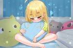 1girl ahoge bare_legs barefoot blonde_hair blush brown_eyes chartreuse_green_t-shirt closed_mouth commentary_request curtains green_pajamas green_shirt green_t-shirt half-closed_eyes heart heart-shaped_pillow highres hugging_object indoors long_hair original pajamas pillow pillow_hug shirt short_eyebrows short_sleeves sitting smile solo t-shirt thick_eyebrows tsukiman very_long_hair wavy_mouth