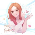  1girl animification character_name chu_0618 colored_shadow cropped_torso english_commentary gfriend happy_birthday heart heart_hands highres jewelry k-pop long_hair looking_at_viewer necklace orange_hair pearl_necklace real_life shadow shirt smile solo umji_(gfriend) white_shirt 